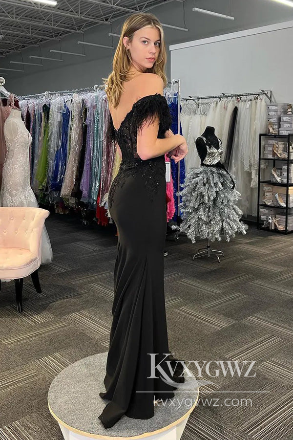 Glamorous Mermaid Evening Gown Off the Shoulder Black Lace Slit Prom Dress with Feather LF1028