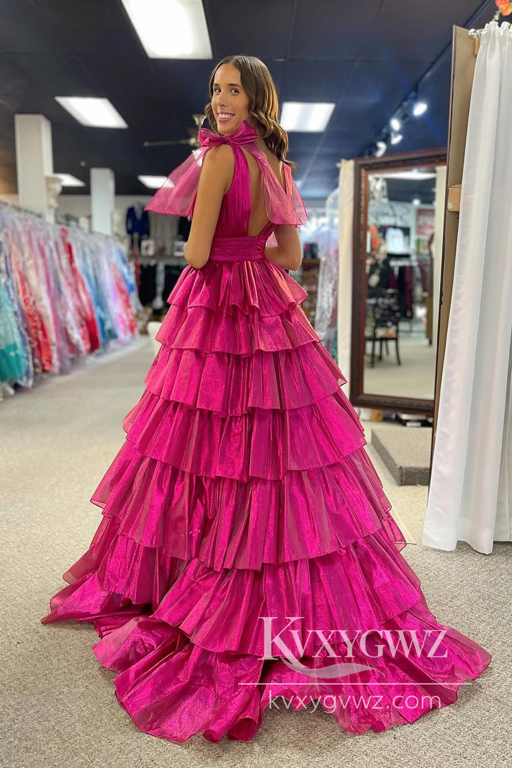 Stunning A Line V Neck Evening Gown Fuchsia Organza Tiered Long Prom Dress with Slit LF1029