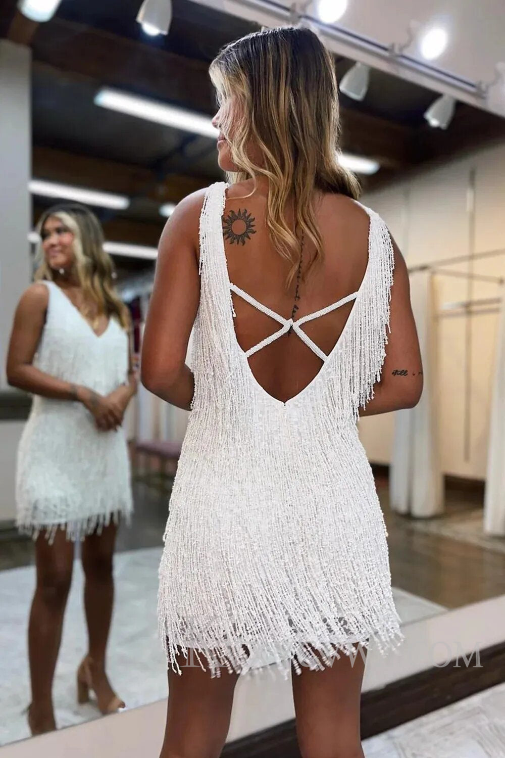 White V-Neck Backless Tight Short Homecoming Dress with Fringes LF103