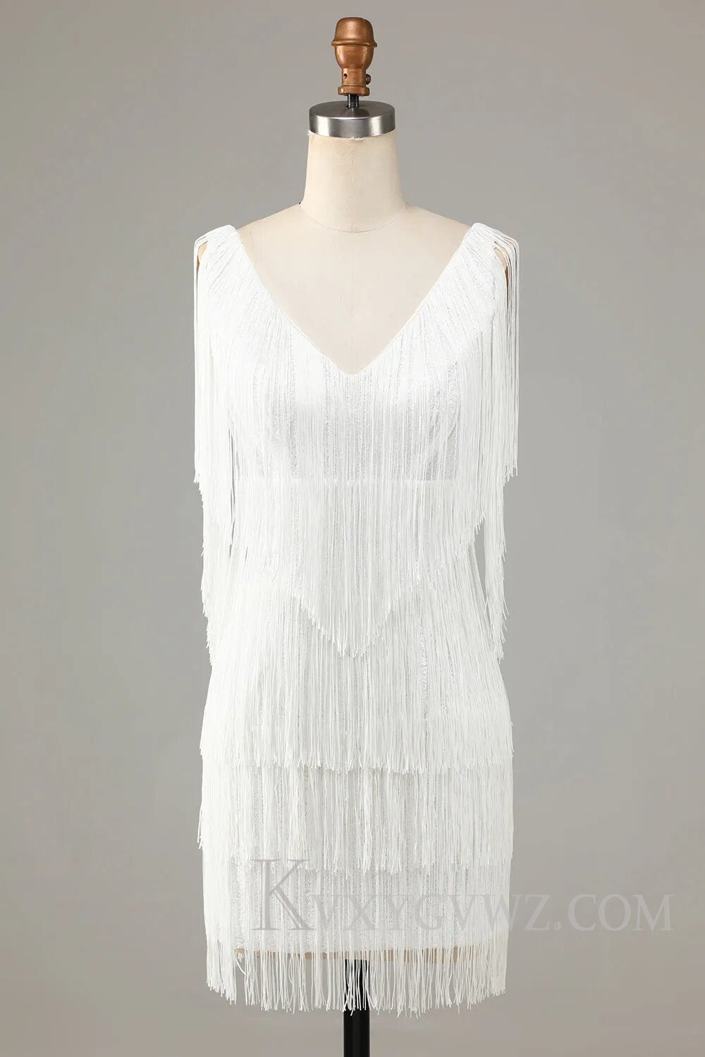 White V-Neck Backless Tight Short Homecoming Dress with Fringes LF103