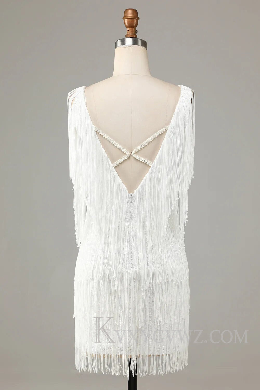 White V-Neck Backless Tight Short Homecoming Dress with Fringes LF103