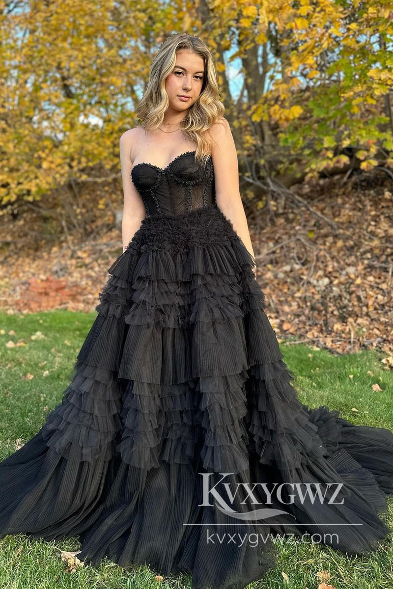 Princess Ball Gown Strapless Black Evening Gown Tiered Tulle Long Prom Dress LF1034
