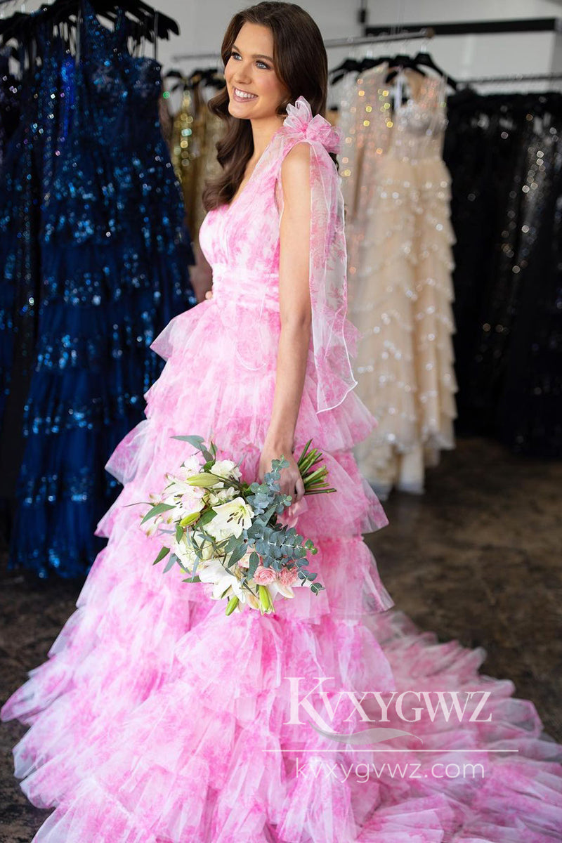 Pink Floral Printed V Neck Evening Gown Ruffles Tiered Long Prom Dress LF1038