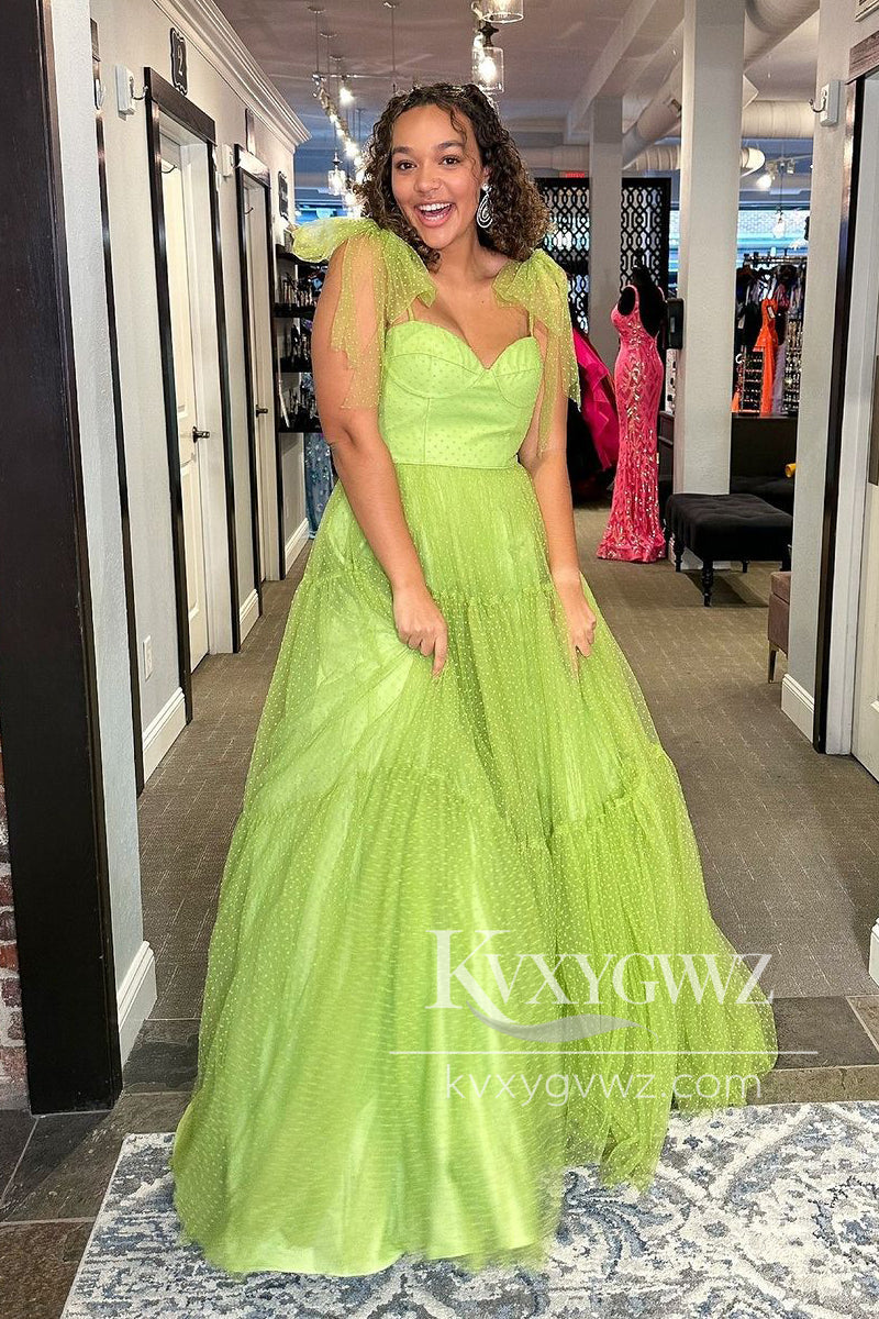 Sage Green Sweetheart Evening Gown Tulle Long Prom Dress with Bow Tie LF1041