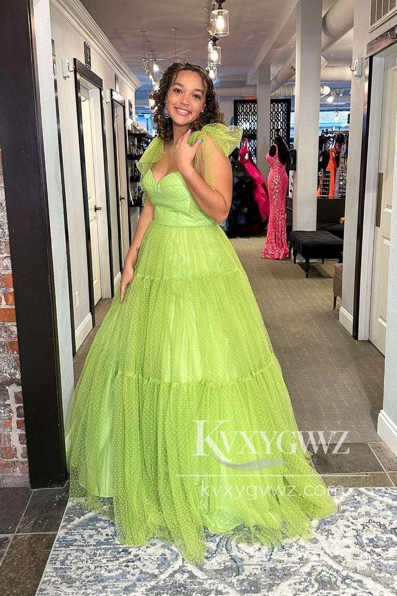 Sage Green Sweetheart Evening Gown Tulle Long Prom Dress with Bow Tie LF1041
