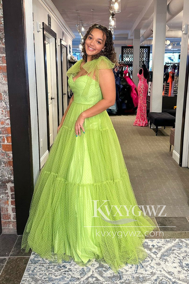 Sage Green Sweetheart Evening Gown Tulle Long Prom Dress with Bow Tie LF1041