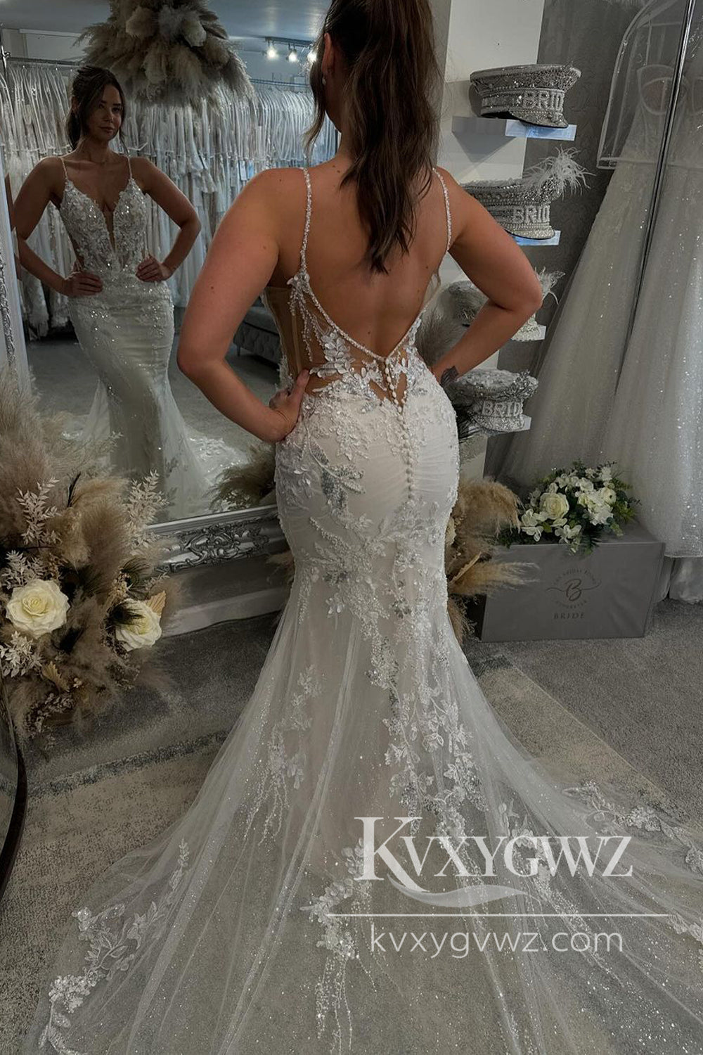 Pastoral Style Chic Mermaid V Neck Lace Wedding Dresses Gown with Appliques HS1041