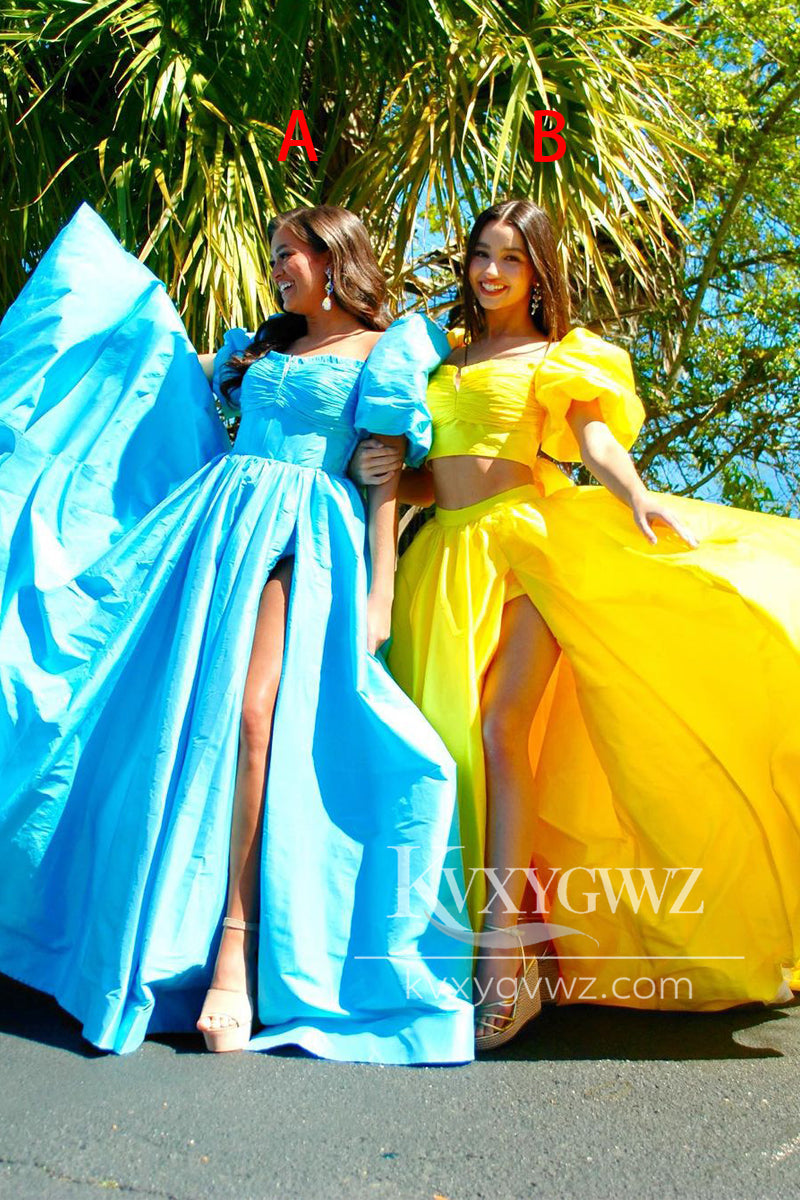 Yellow Two Piece Sweetheart Evening Gown A-Line Satin Prom Dress with Slit LF1042