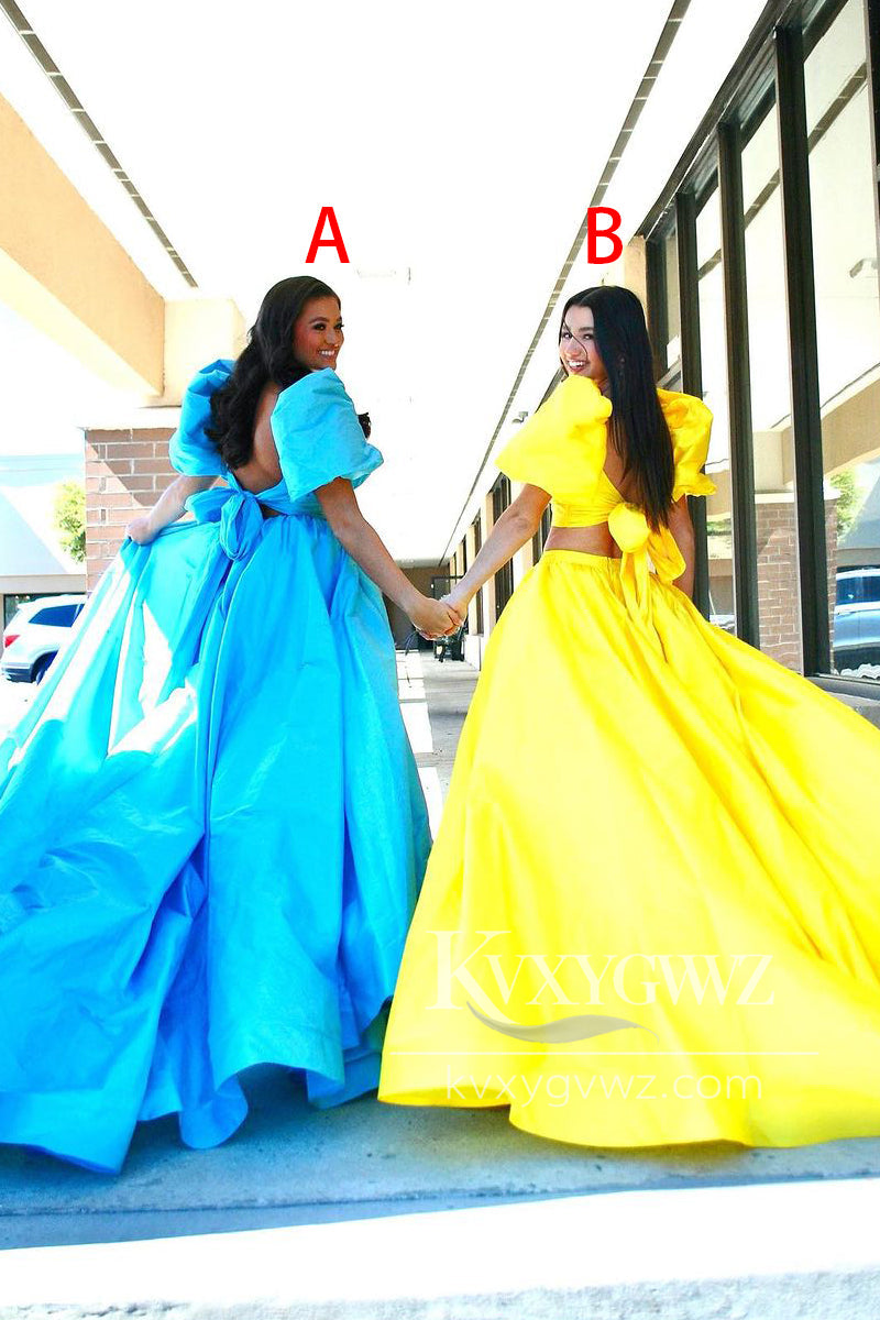 Yellow Two Piece Sweetheart Evening Gown A-Line Satin Prom Dress with Slit LF1042