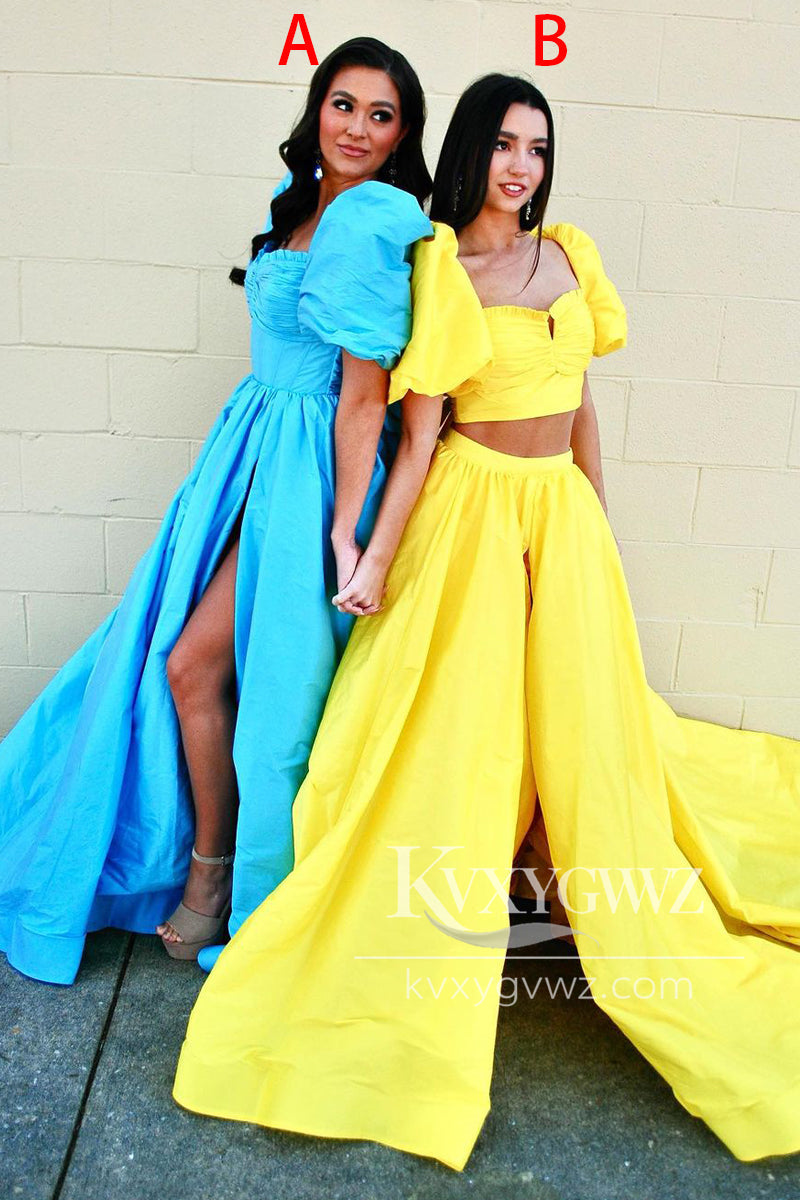 Yellow Two Piece Sweetheart Evening Gown A-Line Satin Prom Dress with Slit LF1042