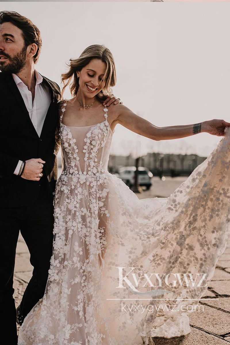 Boho A Line Scoop Neck Lace Beach Wedding Dresses Gown With Sweep Train HS1043