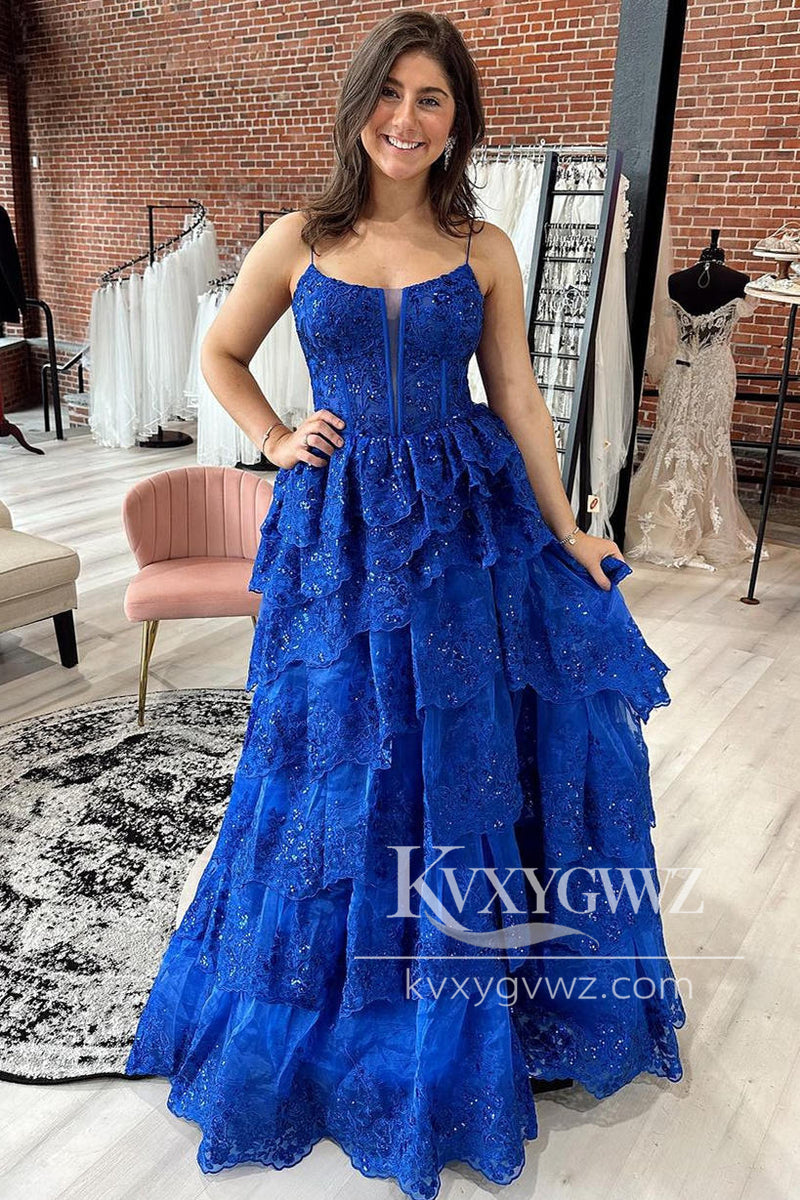 Royal Blue Straps Tiered Evening Gown A-Line Prom Dress with Sequins LF1043