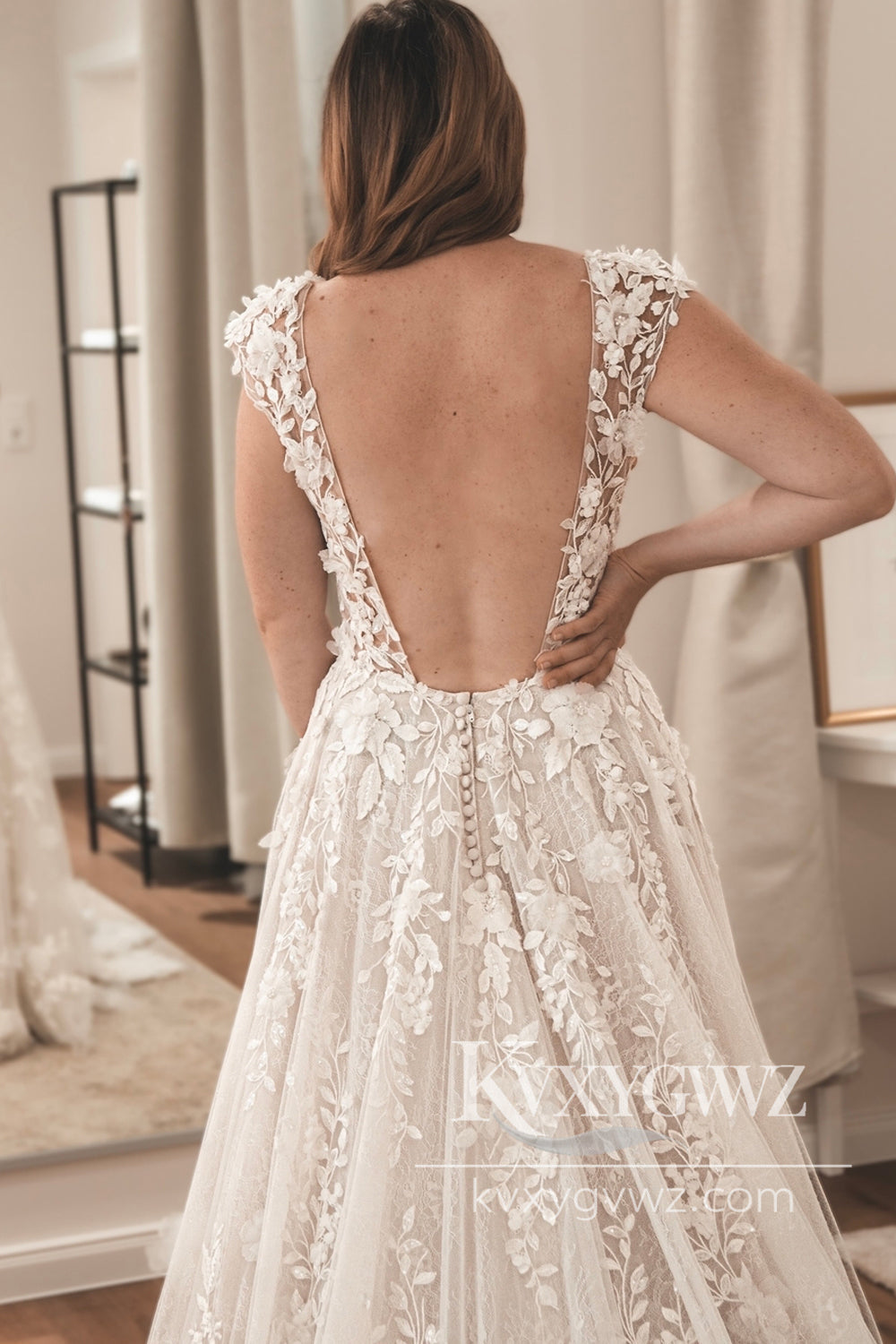 Bohemian A Line V Neck Lace Tulle Wedding Dresses Gown with Appliques HS1044