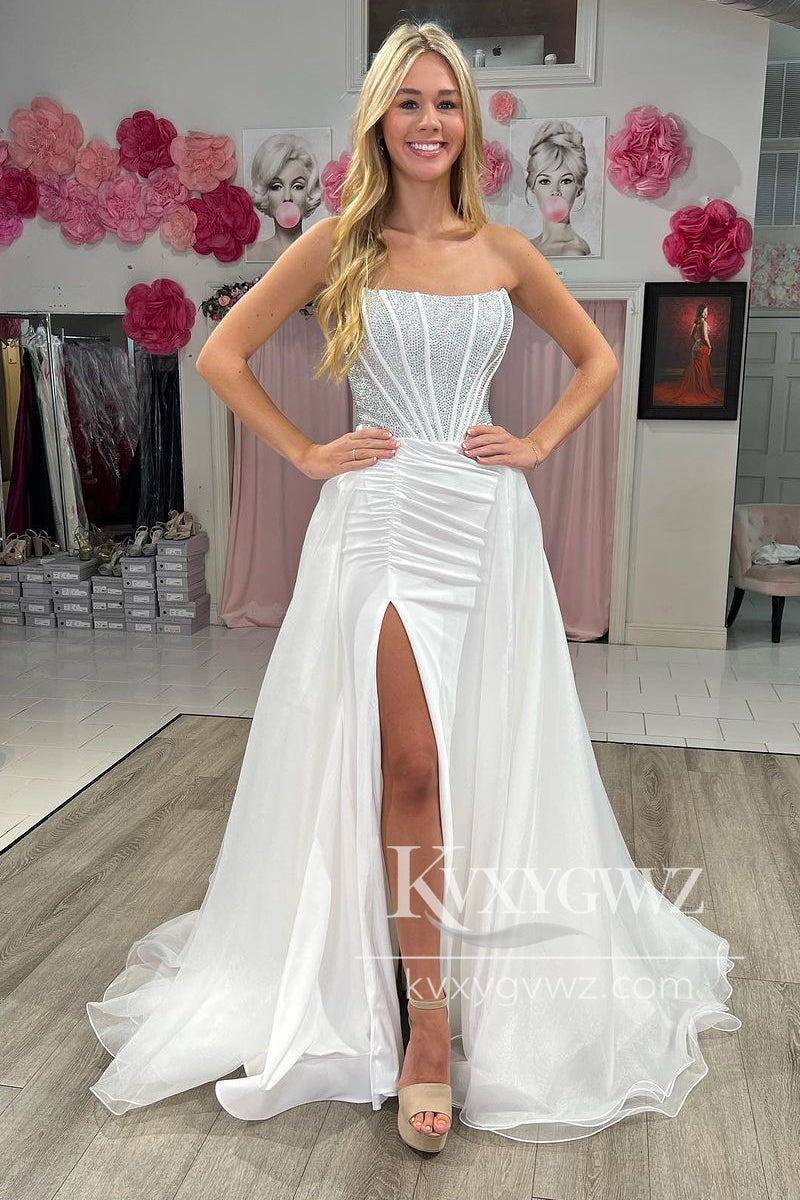 Fashion Mermaid Strapless Evening Gown Black Satin Slit Prom Dress With Beading LF1047