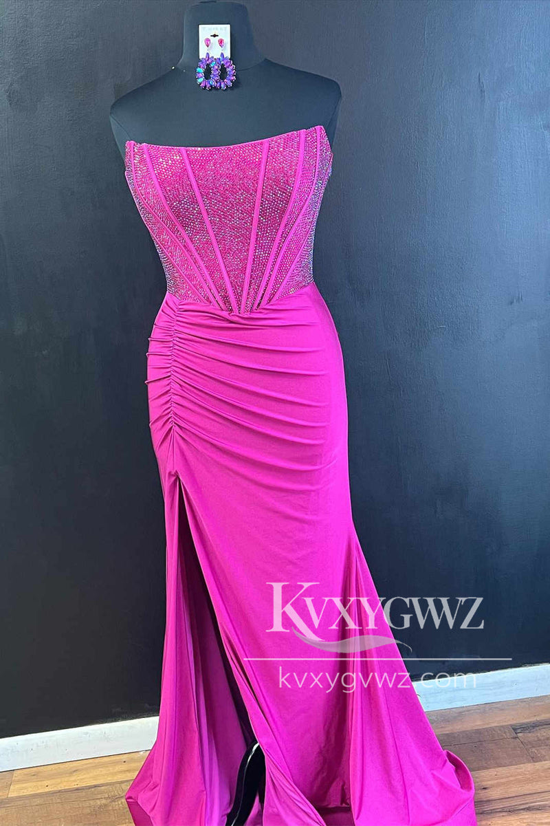 Fashion Mermaid Strapless Evening Gown Black Satin Slit Prom Dress With Beading LF1047