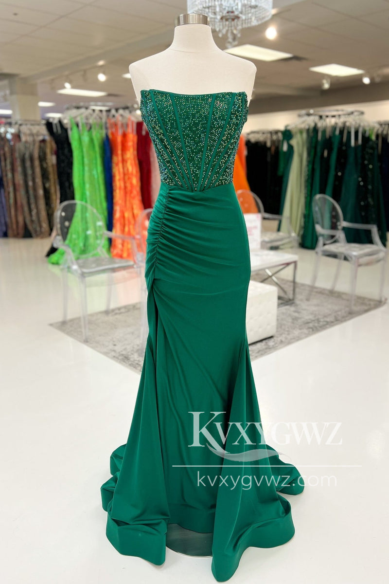 Fashion Mermaid Strapless Evening Gown Black Satin Slit Prom Dress With Beading LF1047