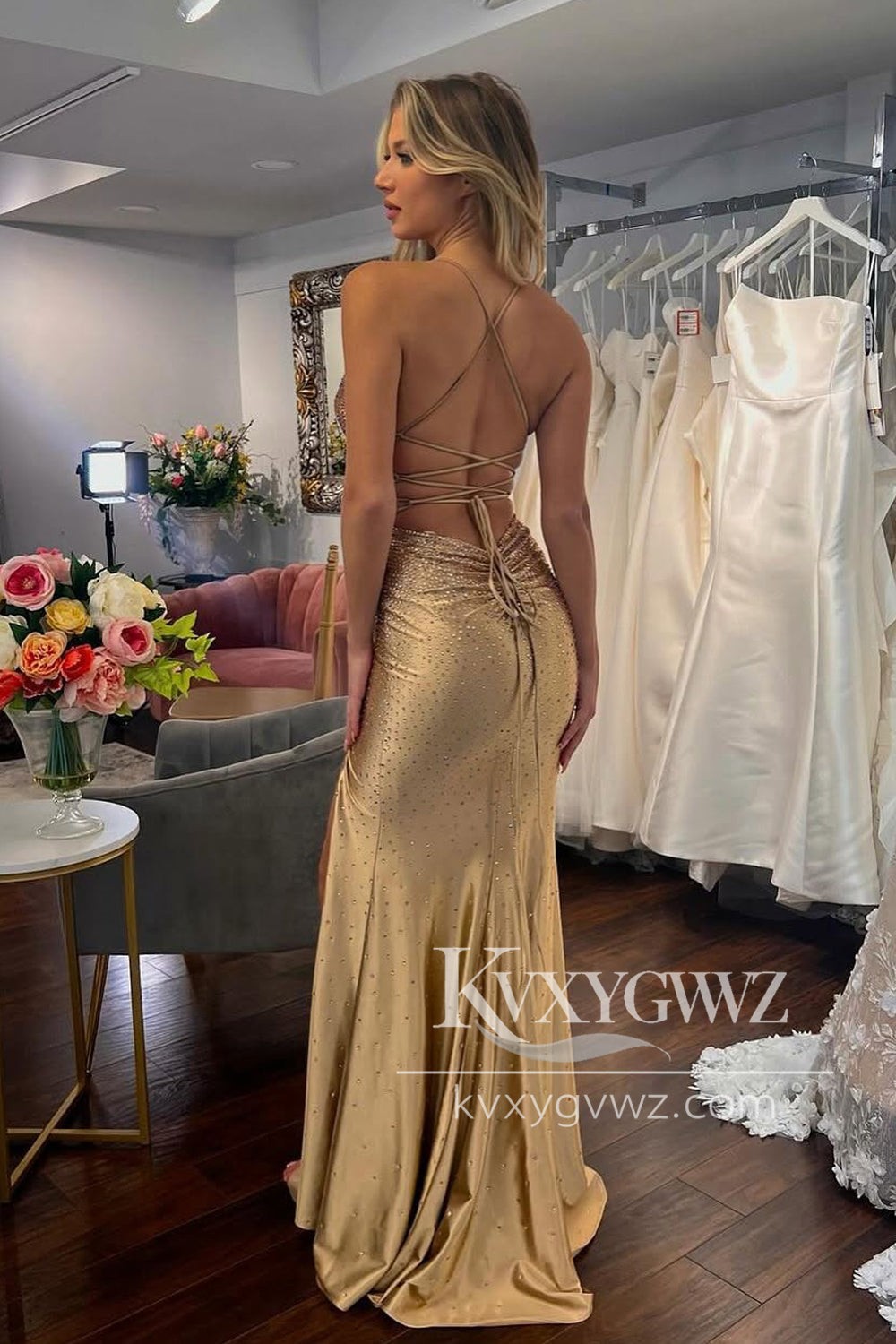Sexy Mermaid V Neck Evening Gown Gold Satin Slit Prom Dress with Hot Stone LF1049