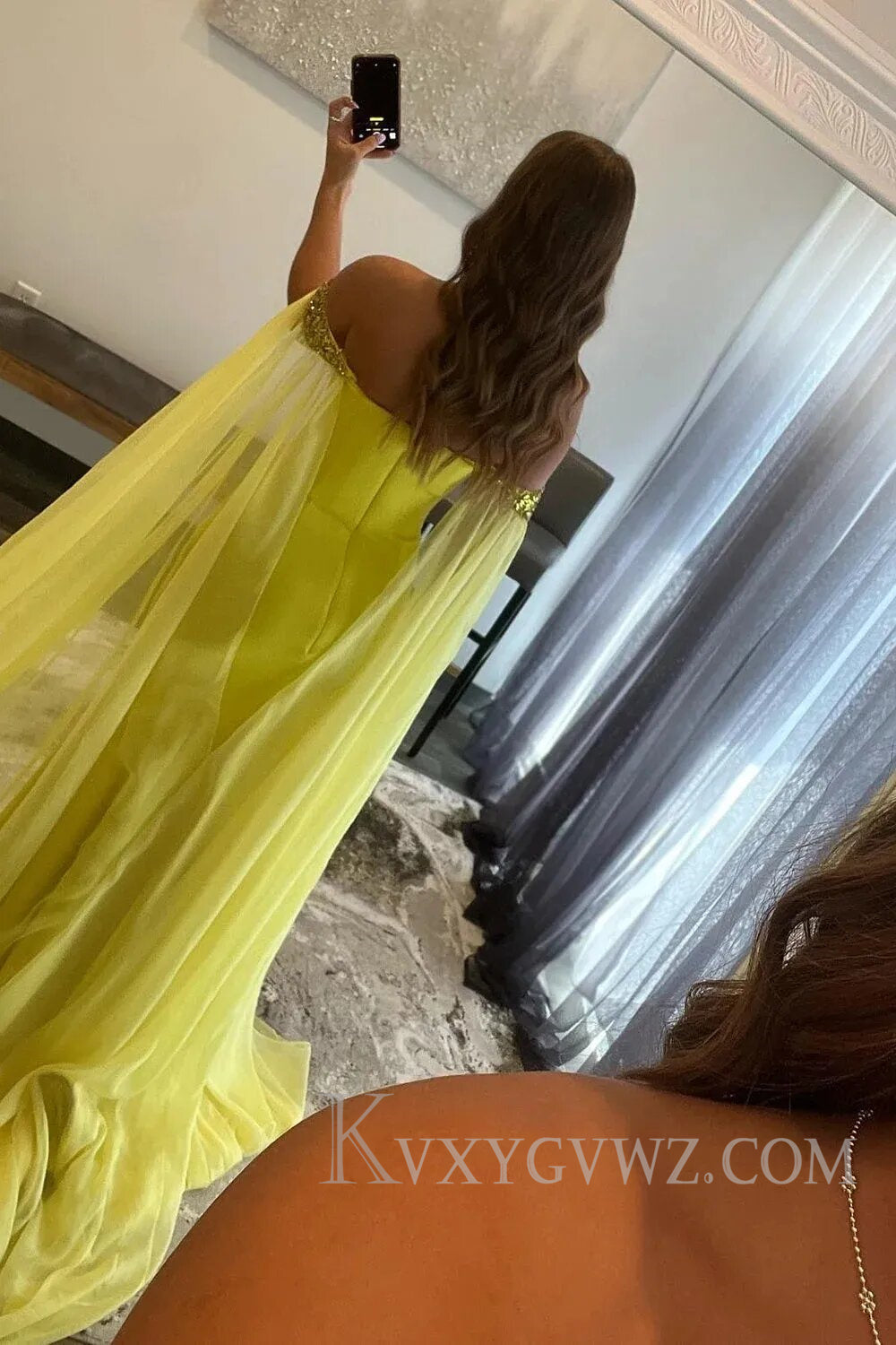 A Line Off the Shoulder Yellow Long Prom Dress with Slit LF105