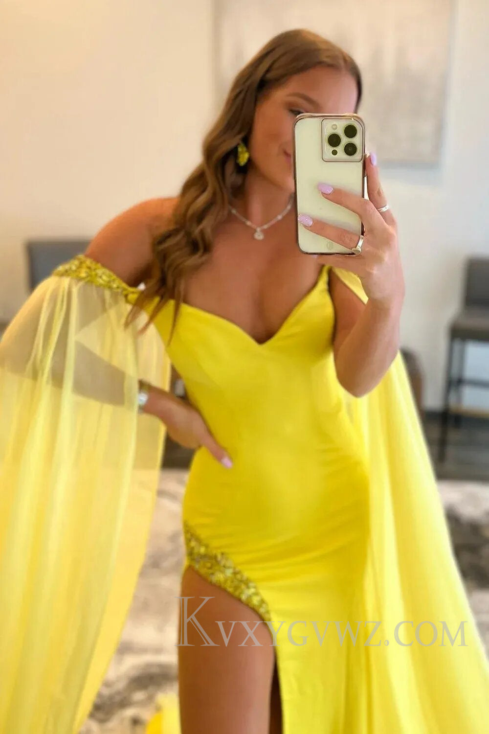 A Line Off the Shoulder Yellow Long Prom Dress with Slit LF105