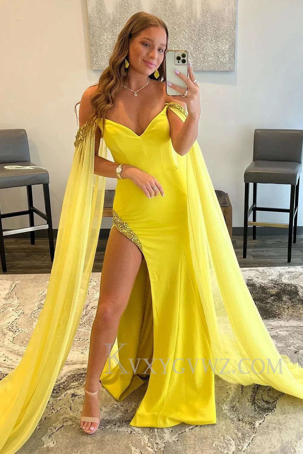 A Line Off the Shoulder Yellow Long Prom Dress with Slit LF105