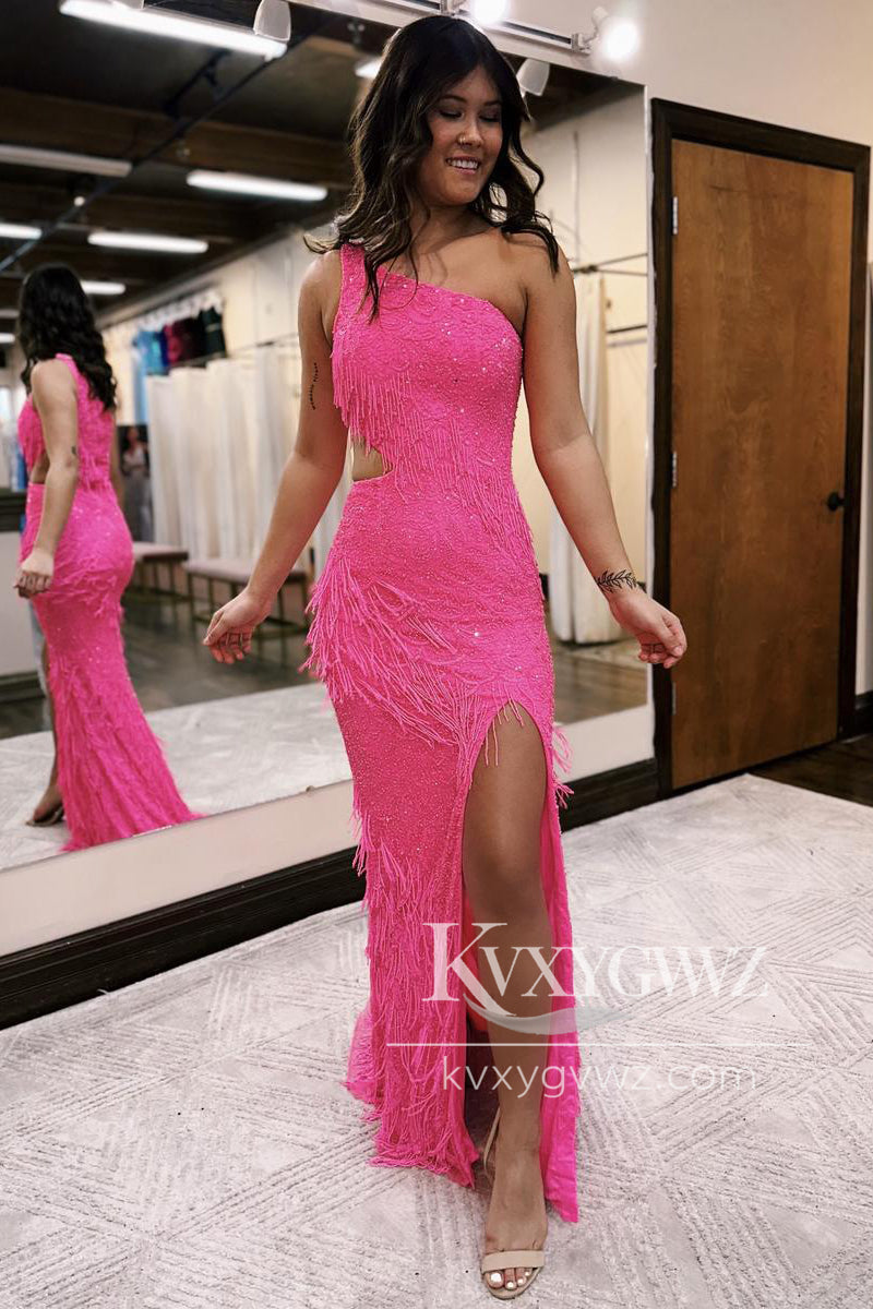 Pink One Shoulder Sequins Lace Evening Gown Mermaid Prom Dress with Fringes LF1053