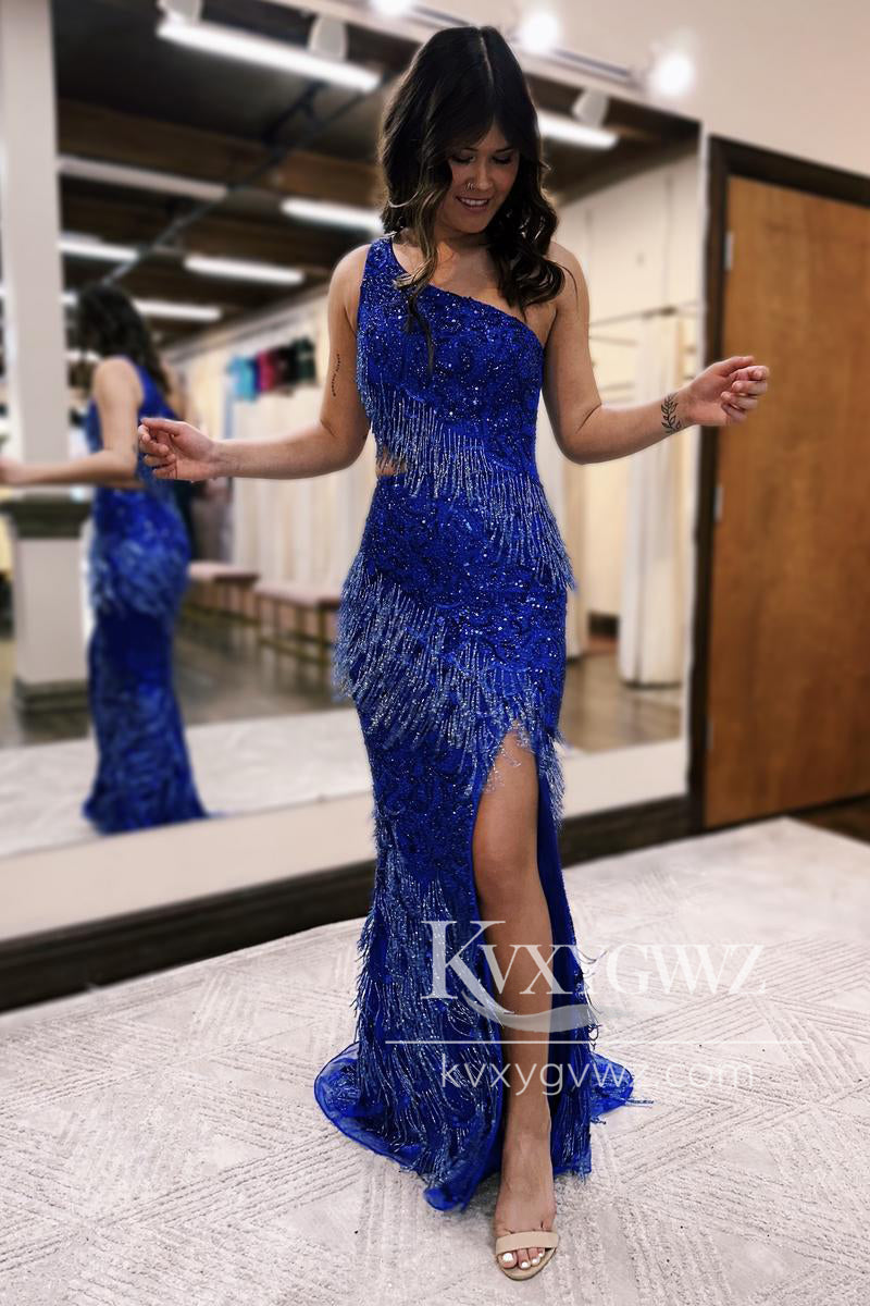 Pink One Shoulder Sequins Lace Evening Gown Mermaid Prom Dress with Fringes LF1053