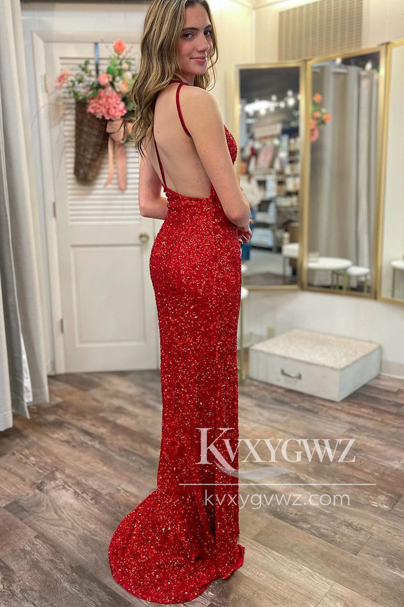 Red Velvet Sequin One Shoulder Evening Gown Mermaid Long Prom Dress with Slit LF1054