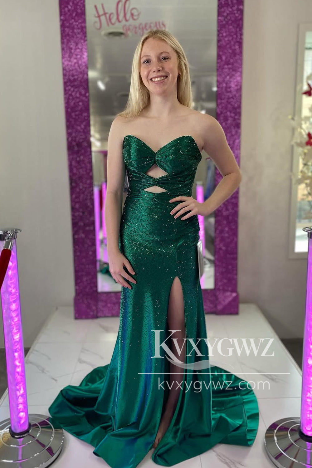 Conspicuous Mermaid Evening Gown Sweetheart Keyhole Green Satin Slit Prom Dress with Beading LF1055