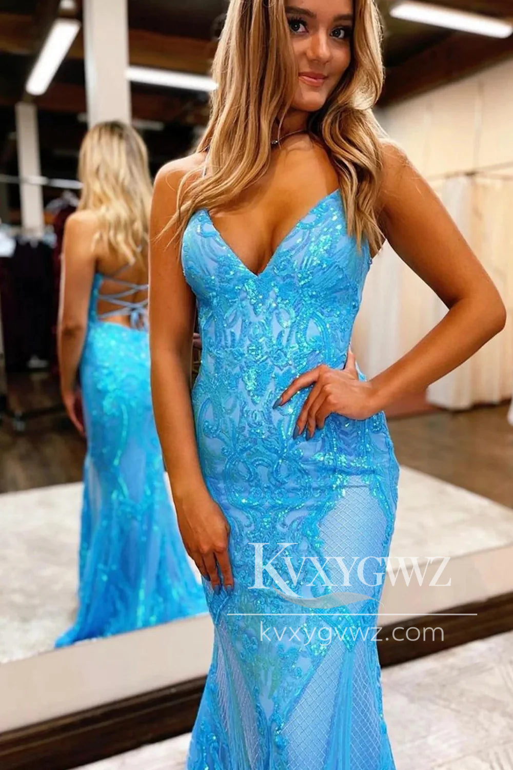 Conspicuous Spaghetti Strap Mermaid Evening Gown Hot Pink Backless Sequins Long Prom Dress LF1057