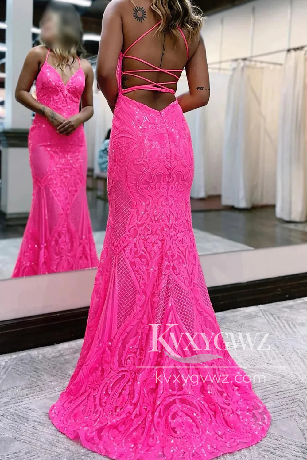 Conspicuous Spaghetti Strap Mermaid Evening Gown Hot Pink Backless Sequins Long Prom Dress LF1057