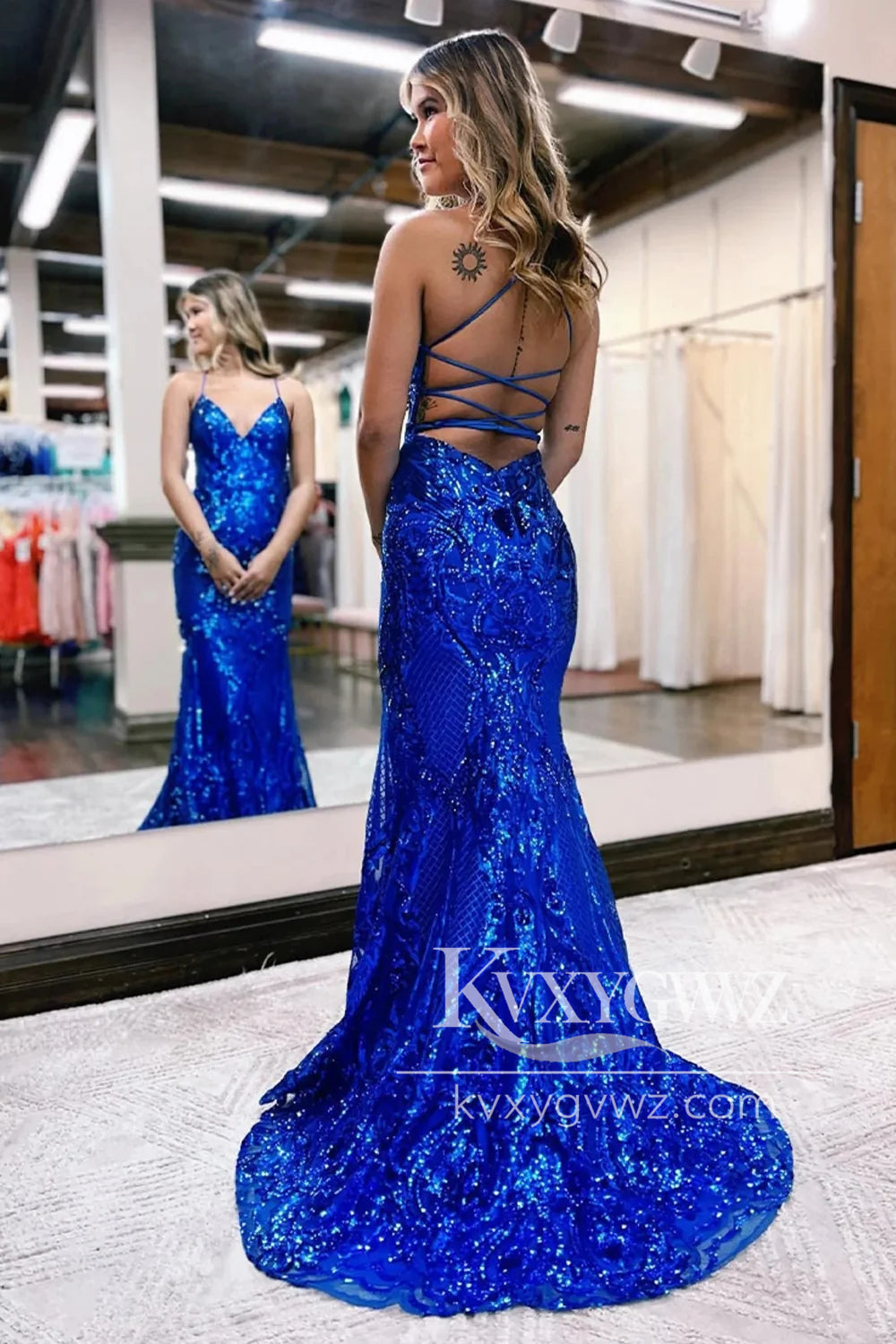 Conspicuous Spaghetti Strap Mermaid Evening Gown Hot Pink Backless Sequins Long Prom Dress LF1057