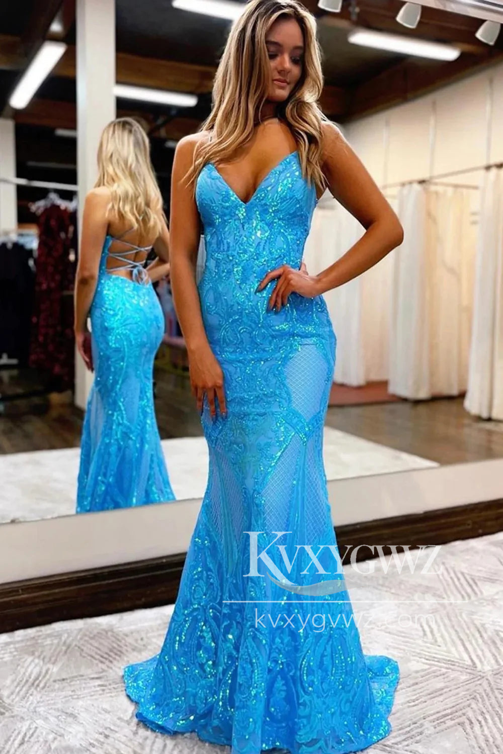 Conspicuous Spaghetti Strap Mermaid Evening Gown Hot Pink Backless Sequins Long Prom Dress LF1057