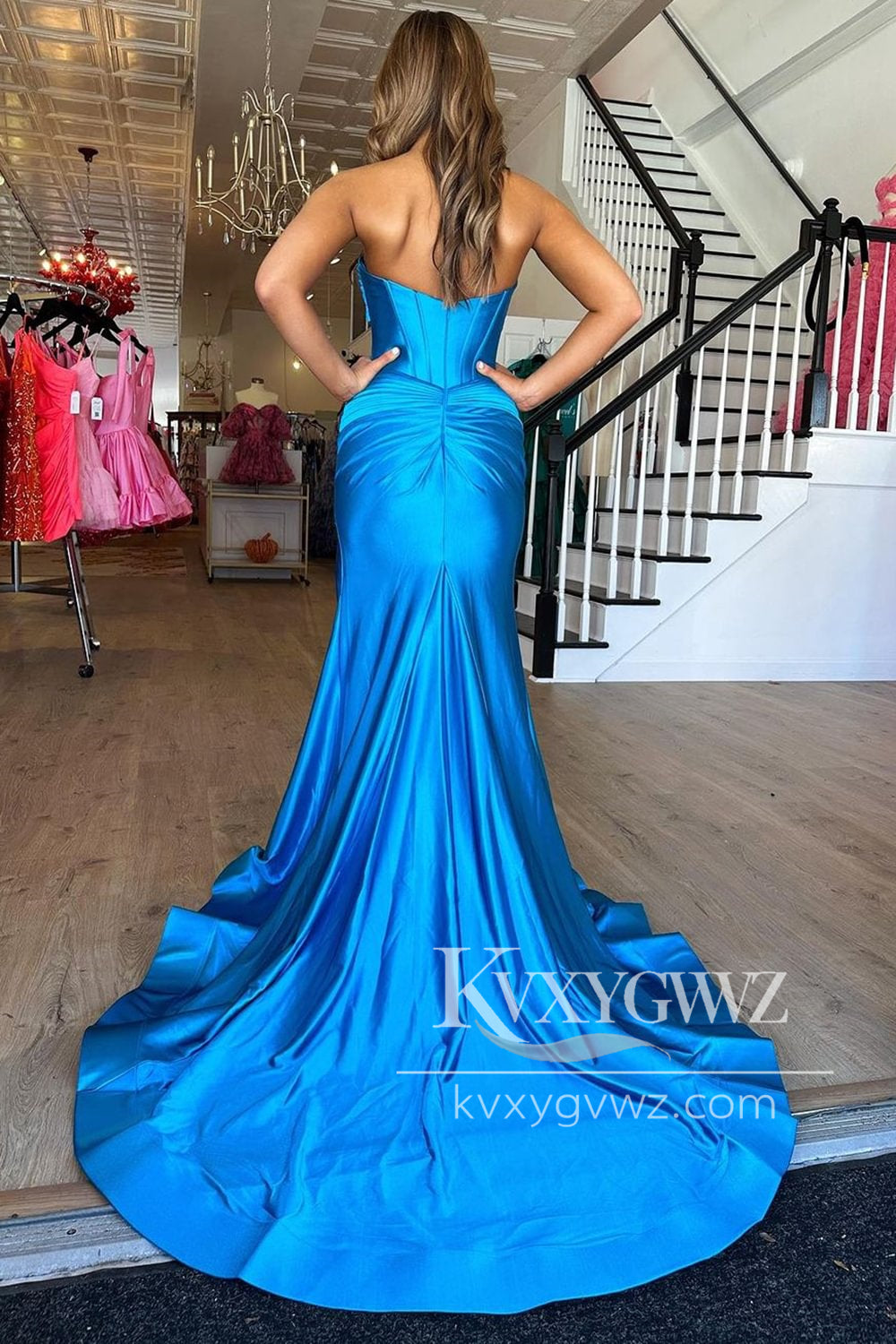 Stylish Mermaid Sweetheart Evening Gown Blue Corset Prom Dress with Split Front LF1058