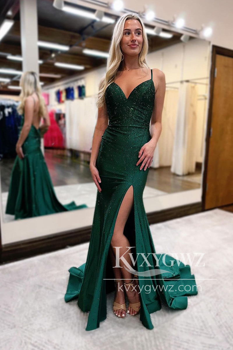 Spaghetti Strap Red Satin Beaded Evening Gown V Neck Mermaid Long Prom Dress LF1059