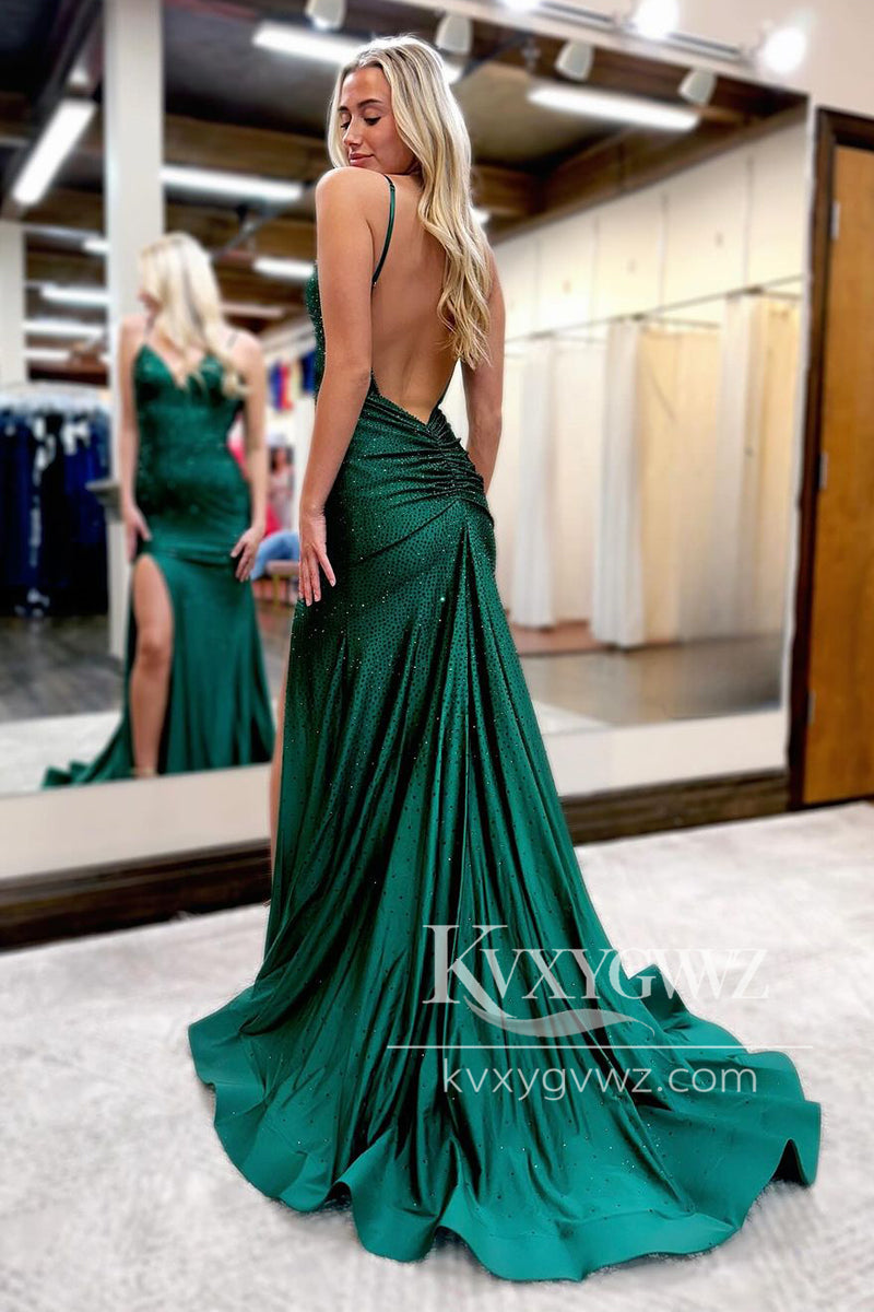 Spaghetti Strap Red Satin Beaded Evening Gown V Neck Mermaid Long Prom Dress LF1059
