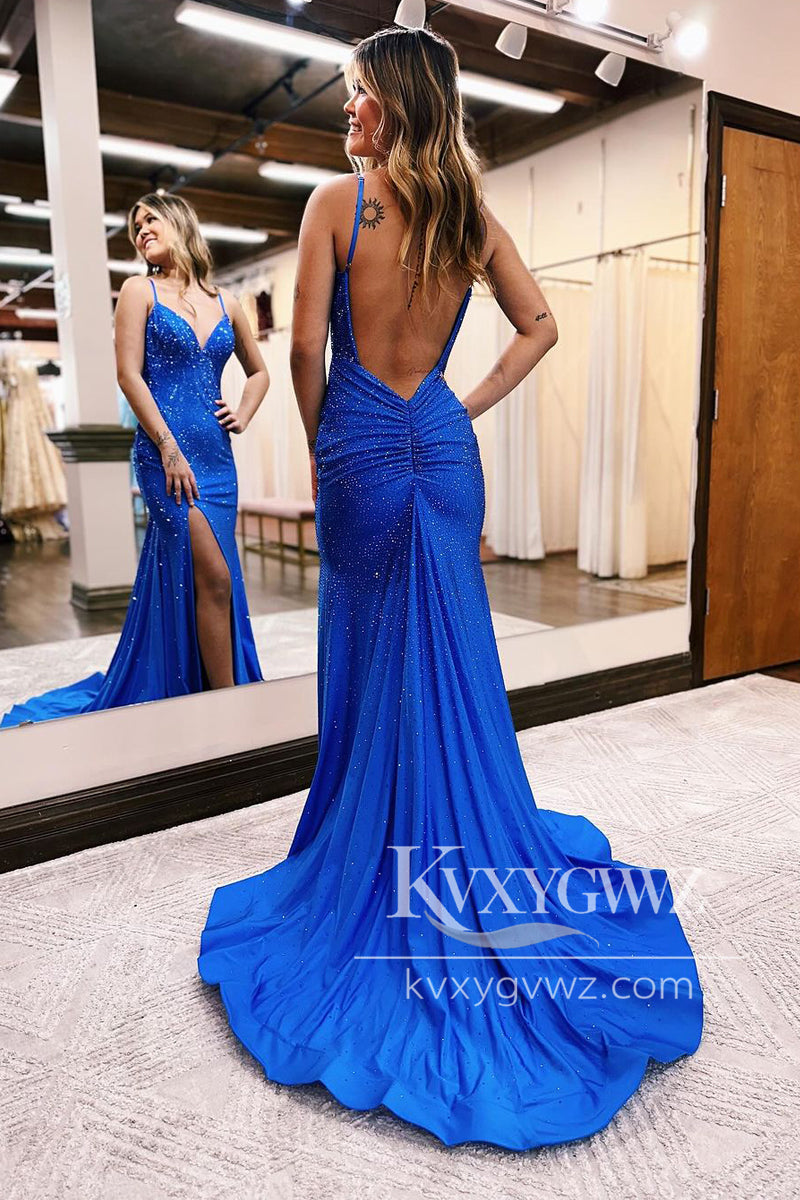 Spaghetti Strap Red Satin Beaded Evening Gown V Neck Mermaid Long Prom Dress LF1059