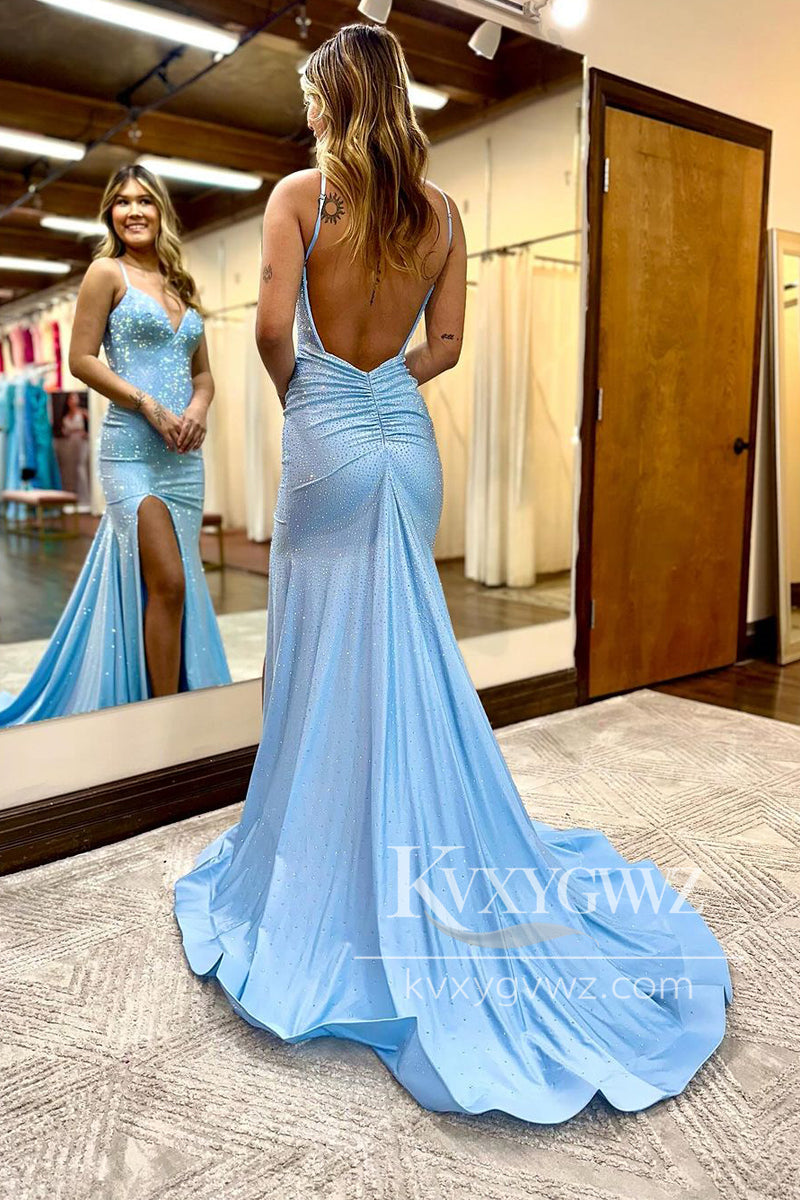 Spaghetti Strap Red Satin Beaded Evening Gown V Neck Mermaid Long Prom Dress LF1059