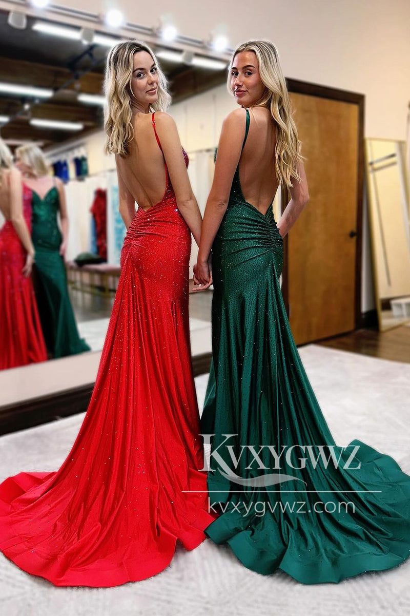Spaghetti Strap Red Satin Beaded Evening Gown V Neck Mermaid Long Prom Dress LF1059