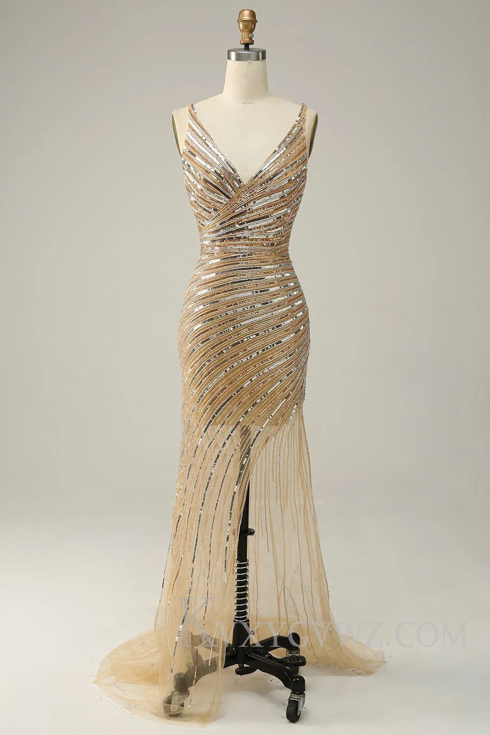 Sparkly Golden Backless Beaded Long Prom Dress with Slit LF106