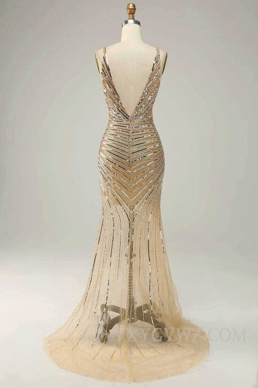 Sparkly Golden Backless Beaded Long Prom Dress with Slit LF106