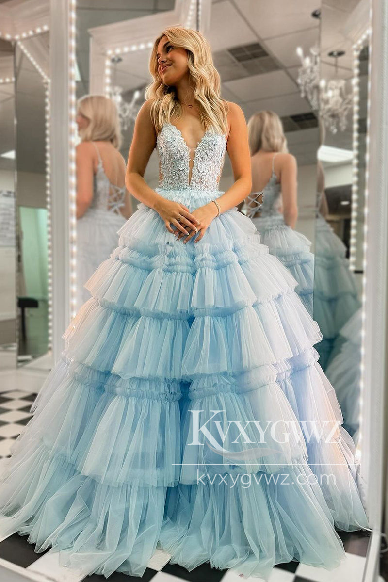 Spaghetti Strap Evening Gown Princess Ball Gown Light Sky Blue V Neck Ruffle Tiered Tulle Long Prom Dress LF1060