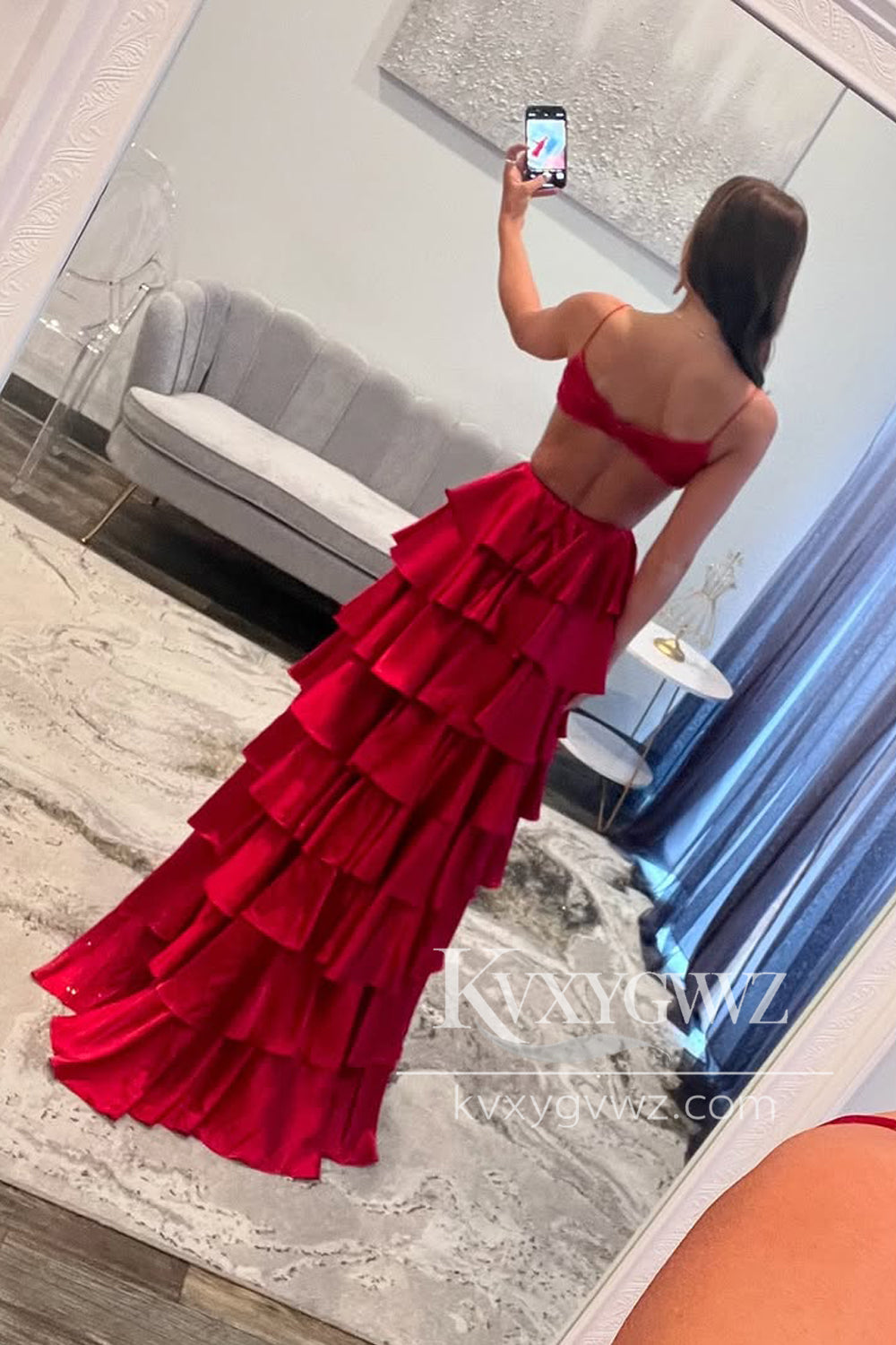 Glamorous A Line Sexy V Neck Evening Gown Red Satin Slit Tiered Prom Dress LF1062