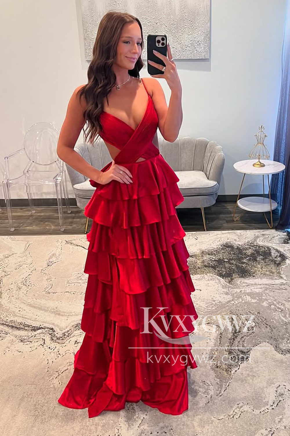 Glamorous A Line Sexy V Neck Evening Gown Red Satin Slit Tiered Prom Dress LF1062