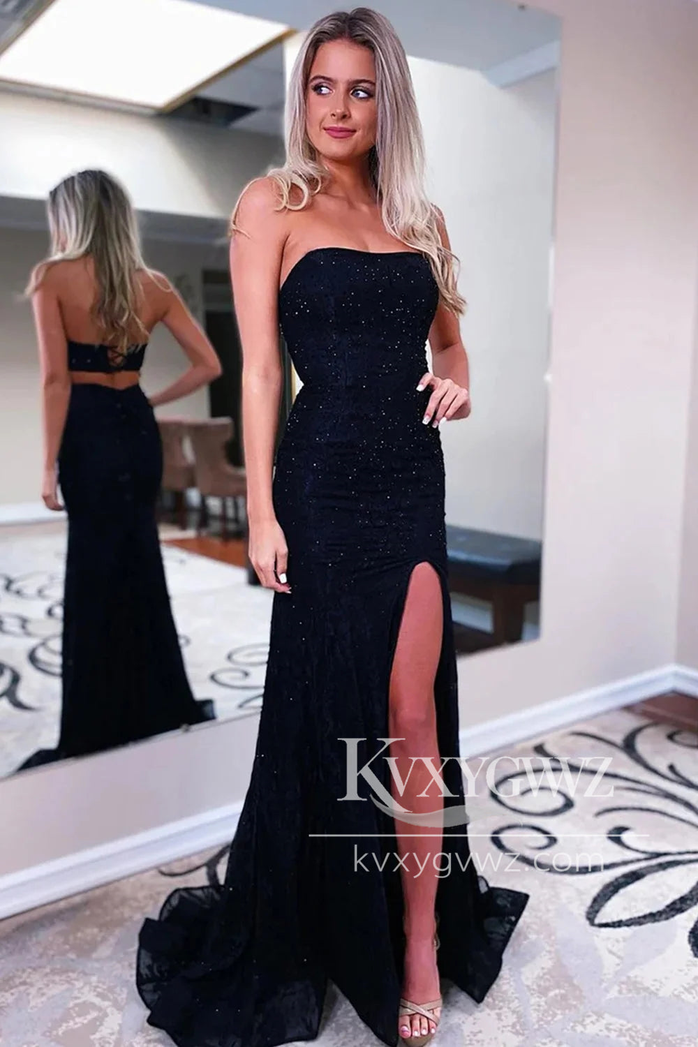 Sheath Strapless Evening Gown Black Sequins Long Prom Dress with Split Front LF1067