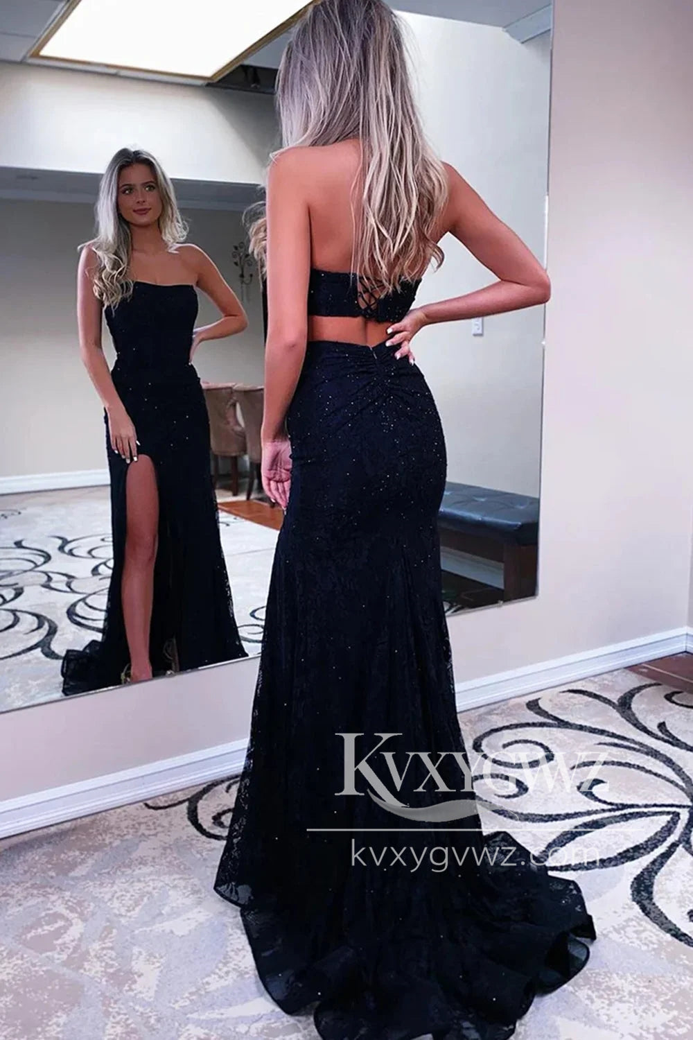 Sheath Strapless Evening Gown Black Sequins Long Prom Dress with Split Front LF1067