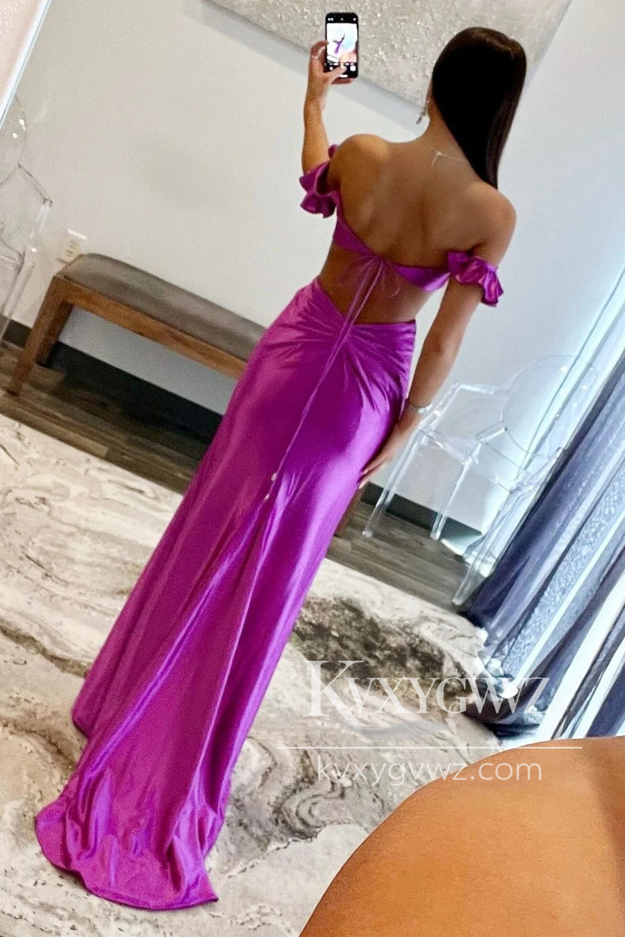 Violet Flutter Sleeves Cutout Evening Gown Mermaid Fitted Prom Dress LF1069