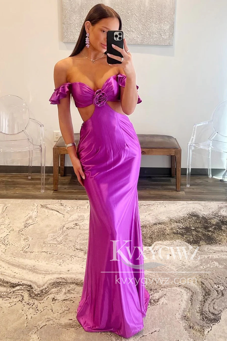 Violet Flutter Sleeves Cutout Evening Gown Mermaid Fitted Prom Dress LF1069