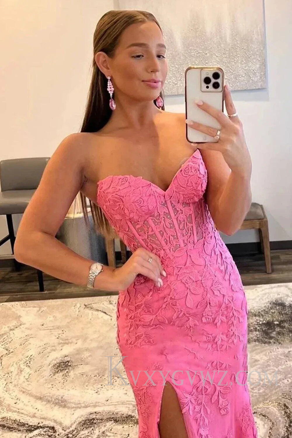 Pink Corset Sweetheart Long Lace Prom Dress with Slit LF107