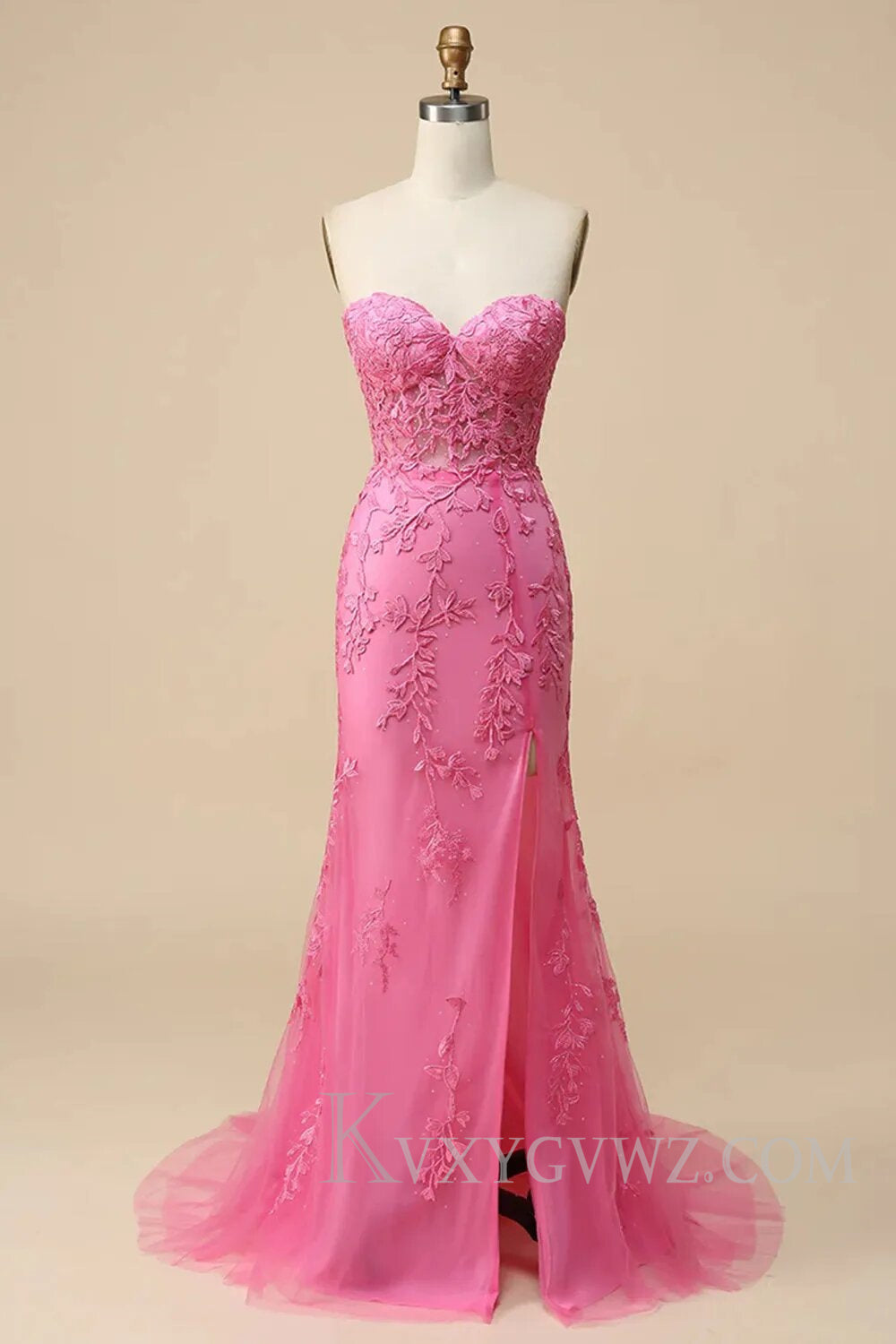Pink Corset Sweetheart Long Lace Prom Dress with Slit LF107