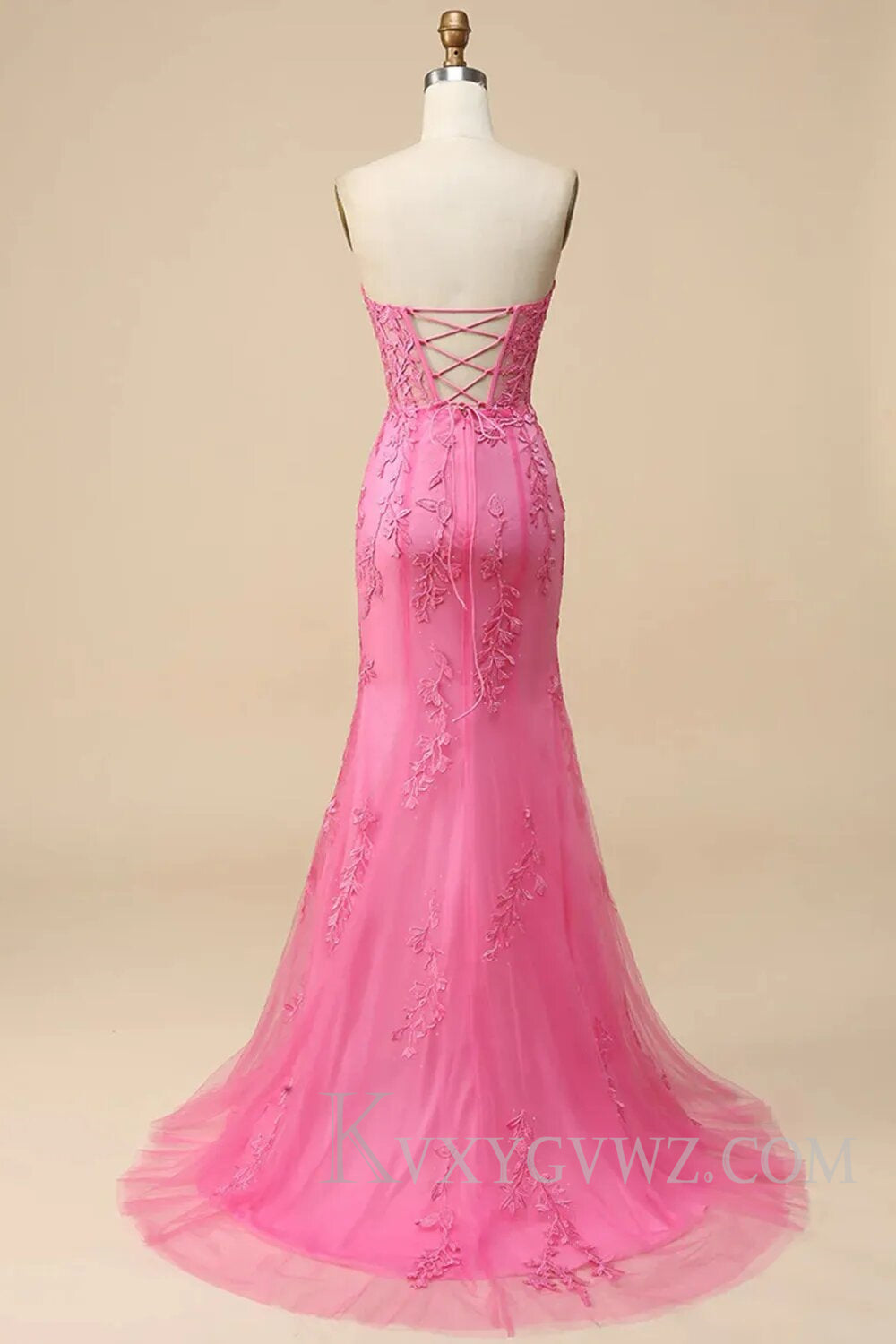 Pink Corset Sweetheart Long Lace Prom Dress with Slit LF107